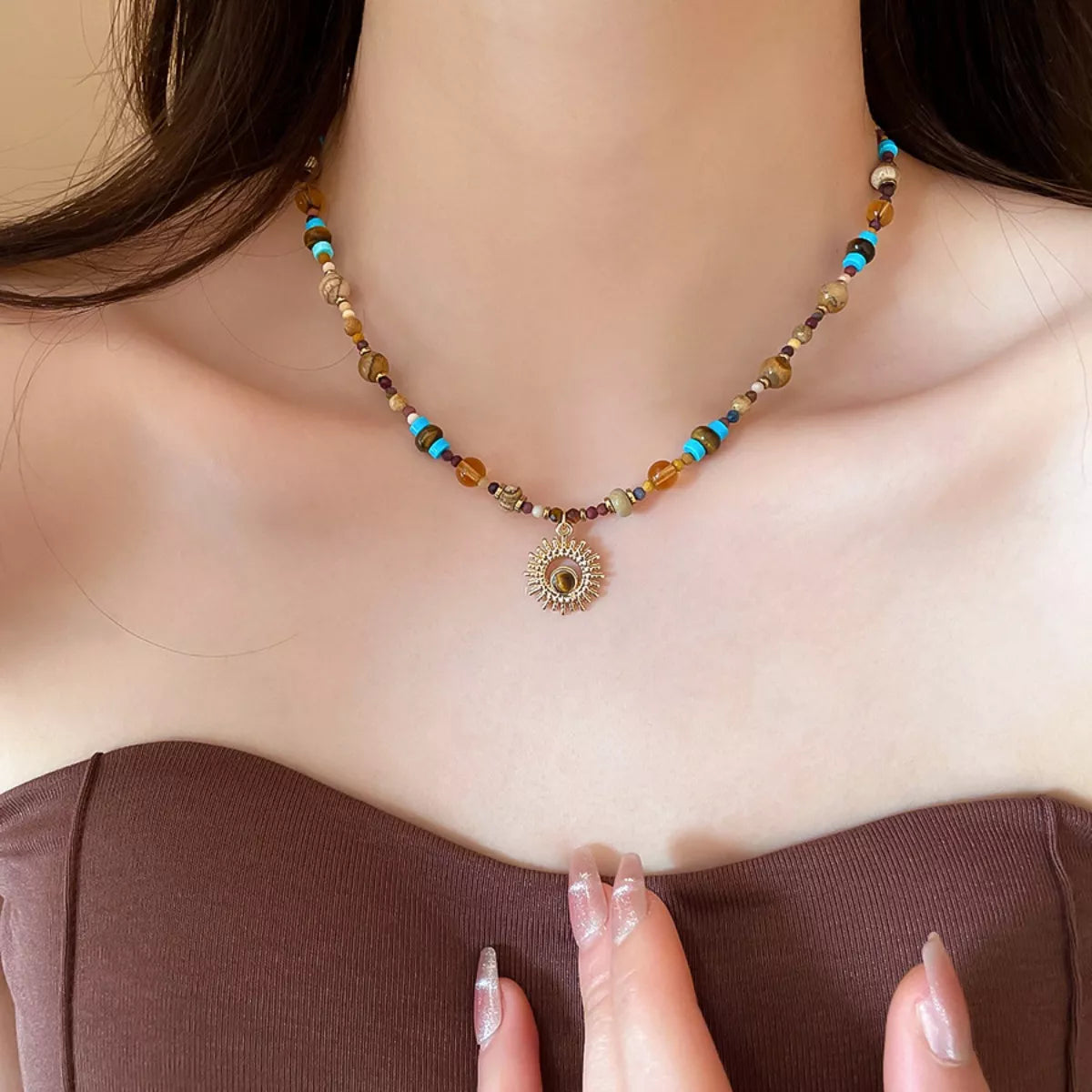 Multi-Color Beaded Sunflower Pendant Necklace - alternate necklace view