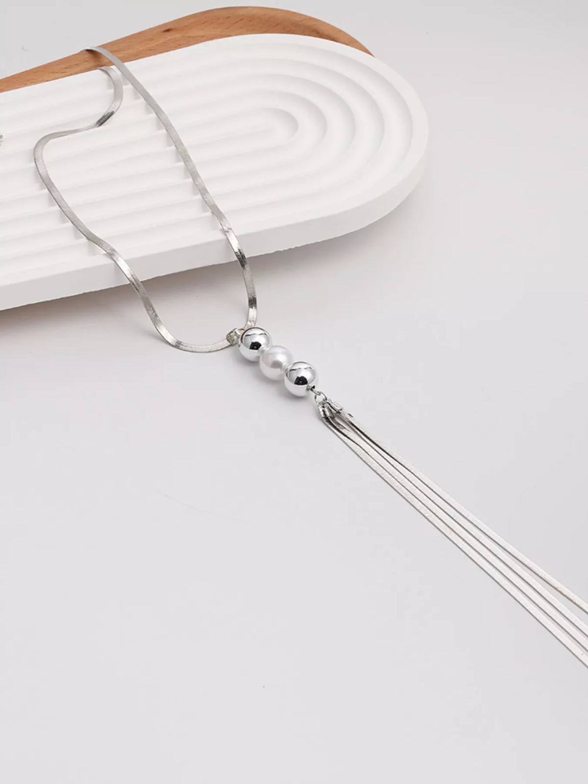 Alloy Silver-Plated Bead Tassel Necklace - alternate necklace view