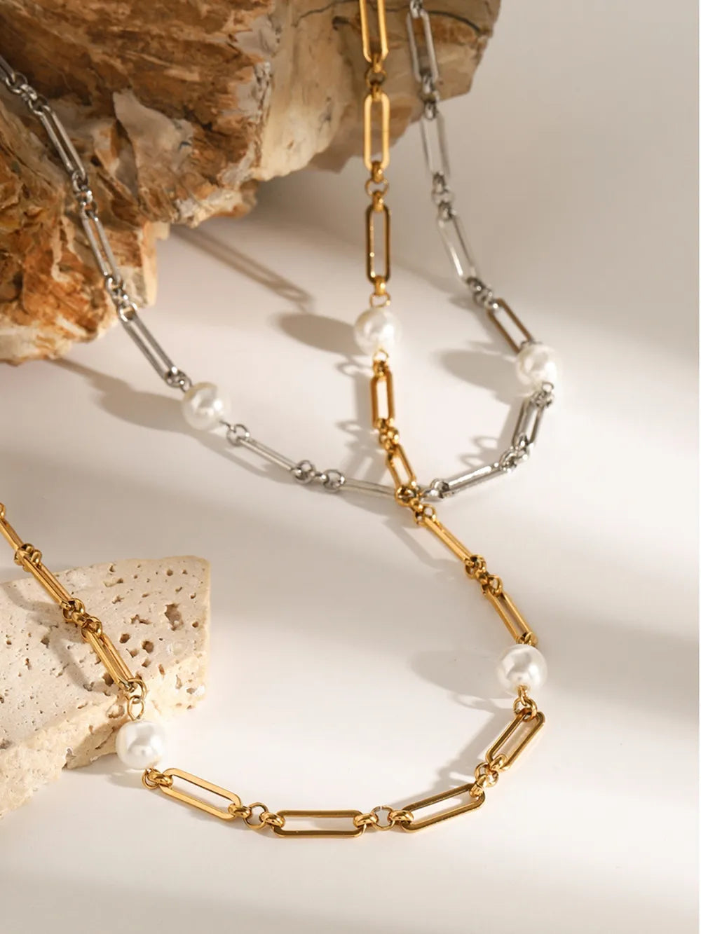 Stainless Steel Pearl Chain Necklace in Silver - women's chain necklace
