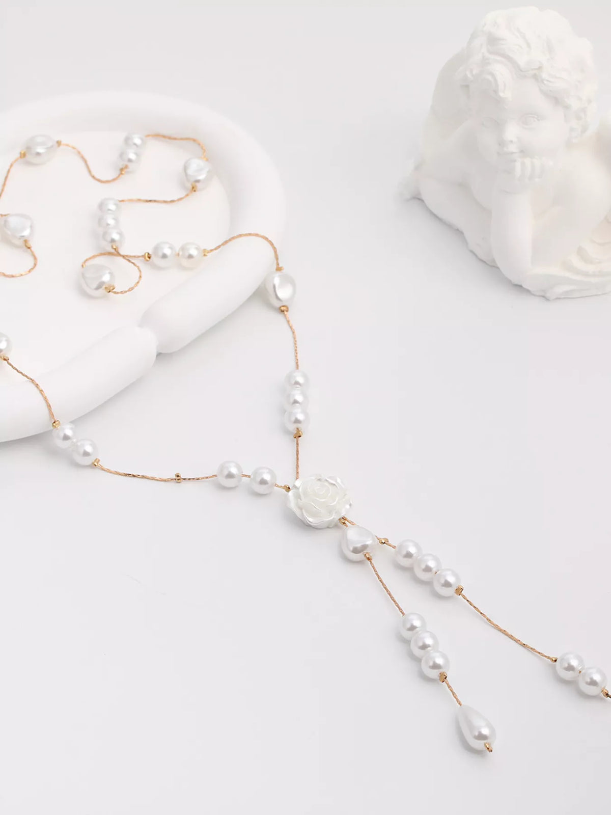 Elegant Pearl and Rose Pendant Necklace - alternate necklace view