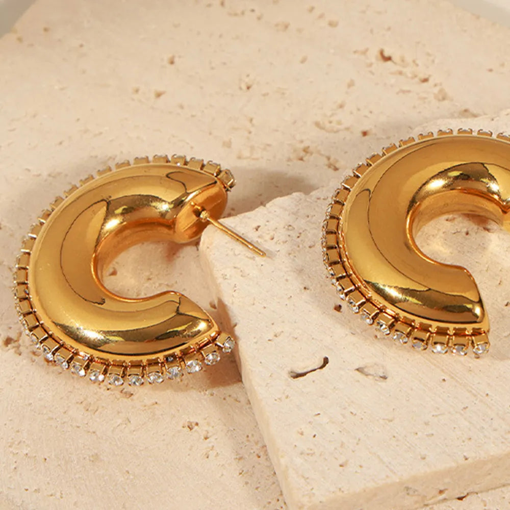 Titanium Steel Inlaid Zircon C-Hoop Earrings - alternate earring view