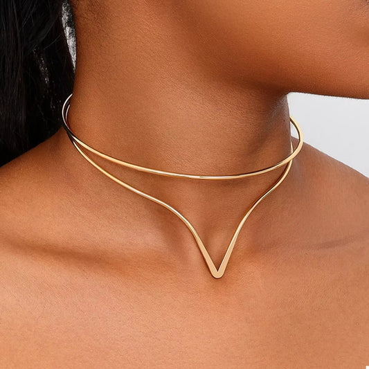 Double Layer V-Shaped Choker Necklace in Golden - women's choker necklace