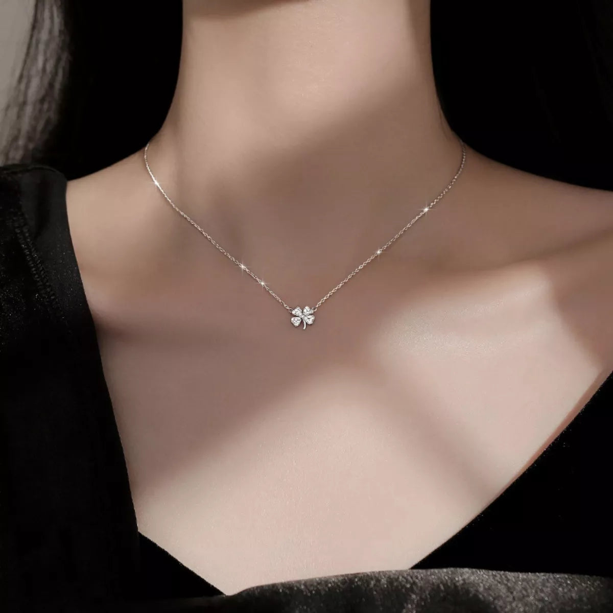 Sterling Silver Zircon Four Leaf Clover Necklace - alternate necklace view
