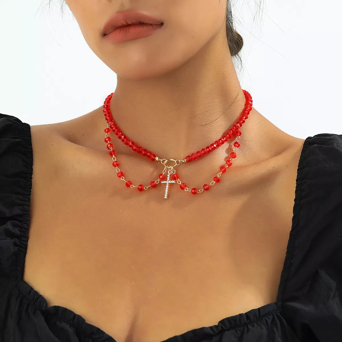 Halloween Beaded Cross Pendant Necklace - alternate necklace view