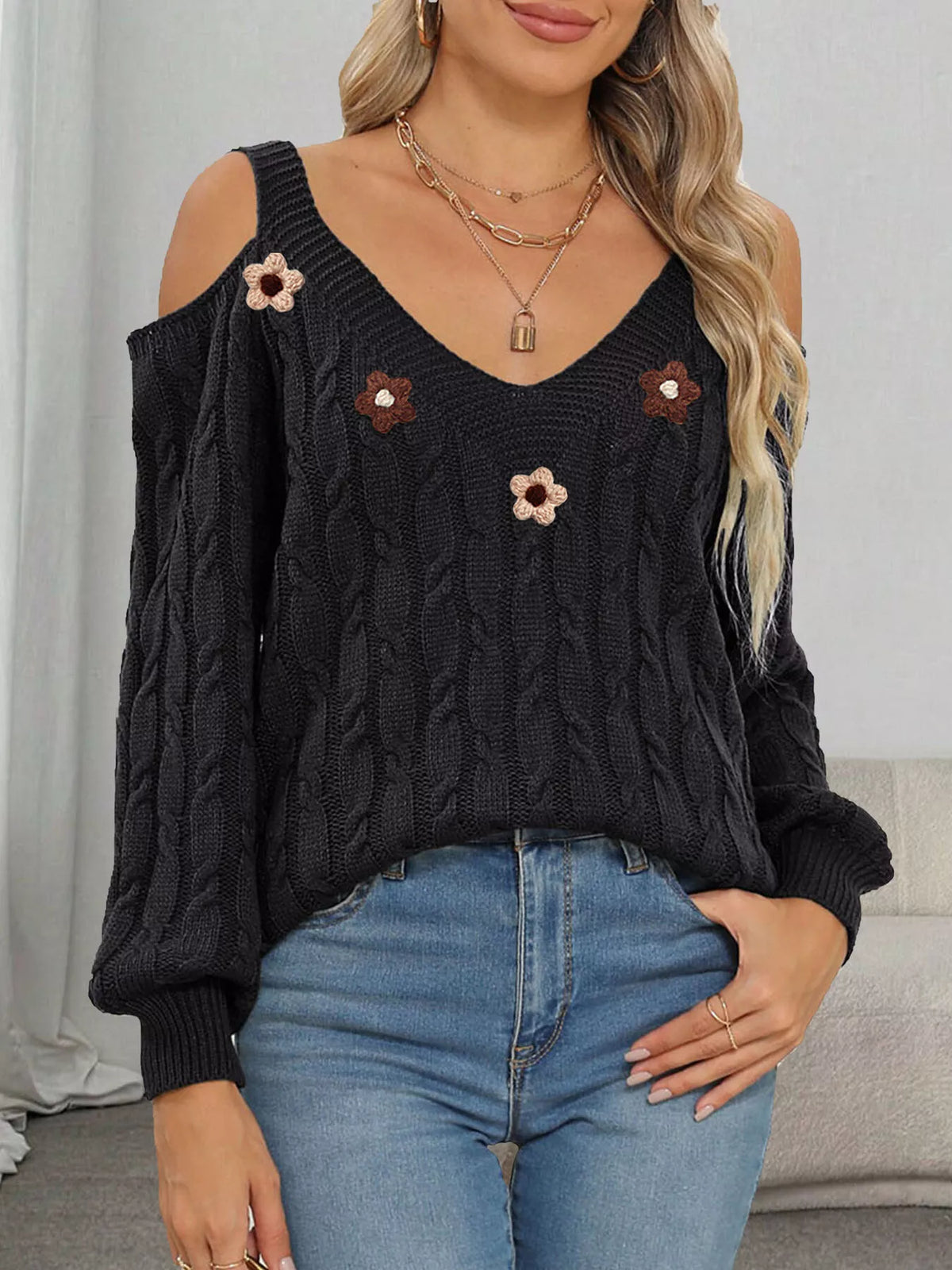 Floral Applique Cold Shoulder Cable-Knit Sweater in Black - women's sweater