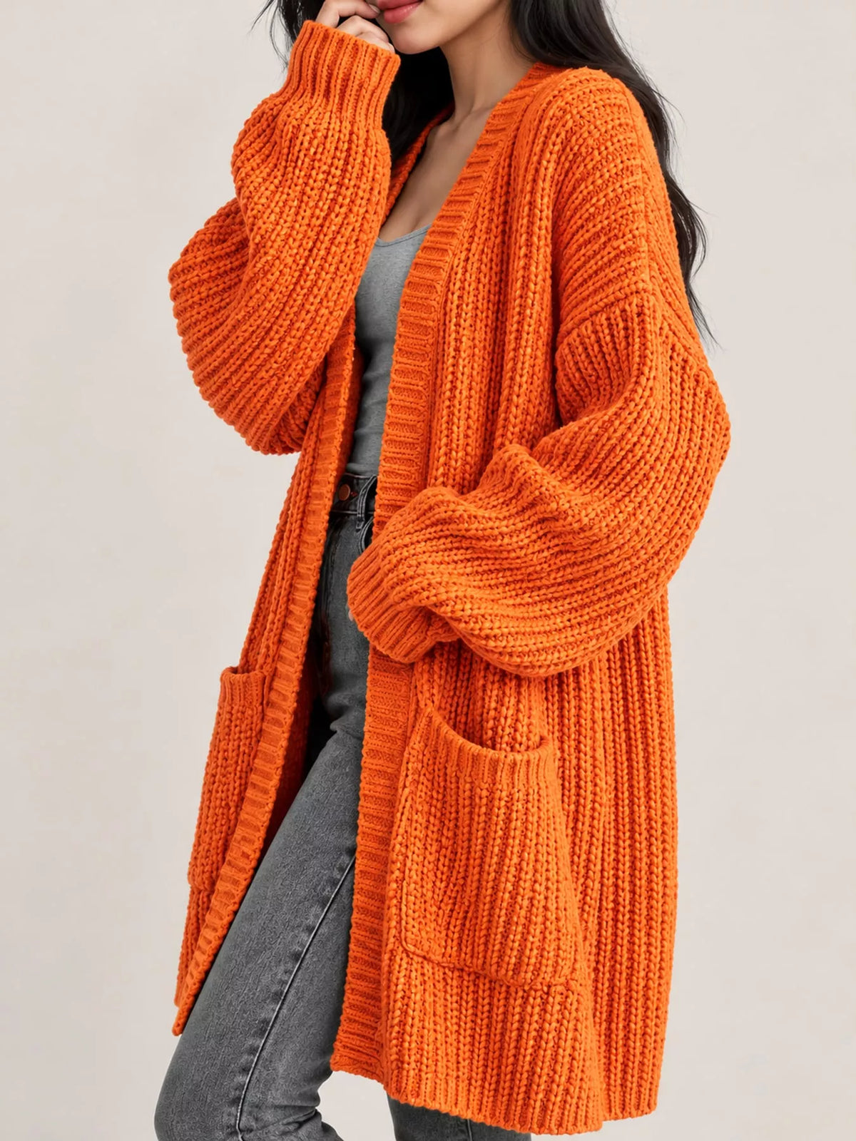Chunky-Knit Openwork Front Longline Cardigan in Purple - women's cardigan