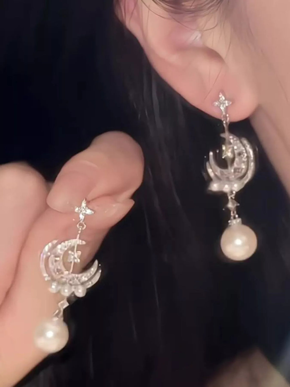 Moon & Star Pearl Dangle Earrings in Silver - women's dangle earrings