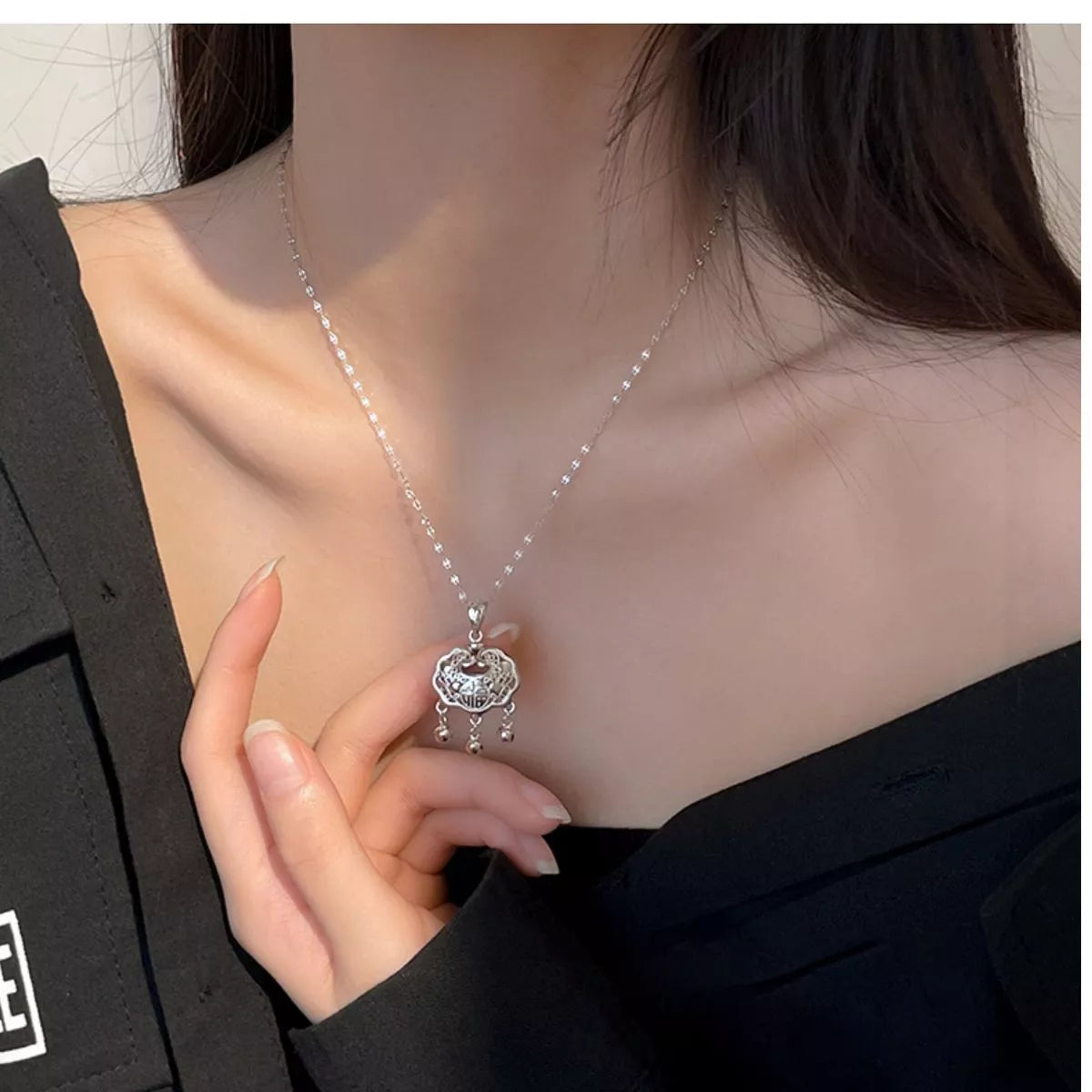 Sterling Silver Lock Pendant Necklace - alternate necklace view