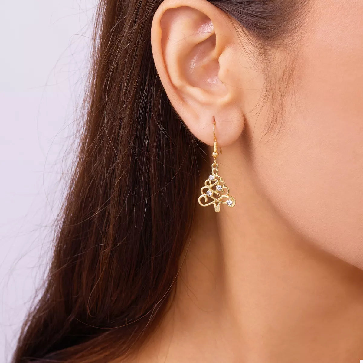 18K Gold-Plated Rhinestone Christmas Tree Dangle Earrings - alternate earring view