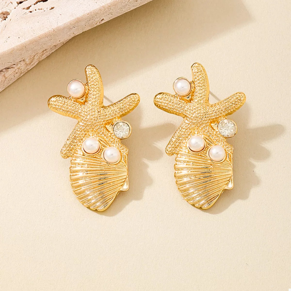 Ocean Starfish Shell Synthetic Pearl Drop Earrings - alternate earring view