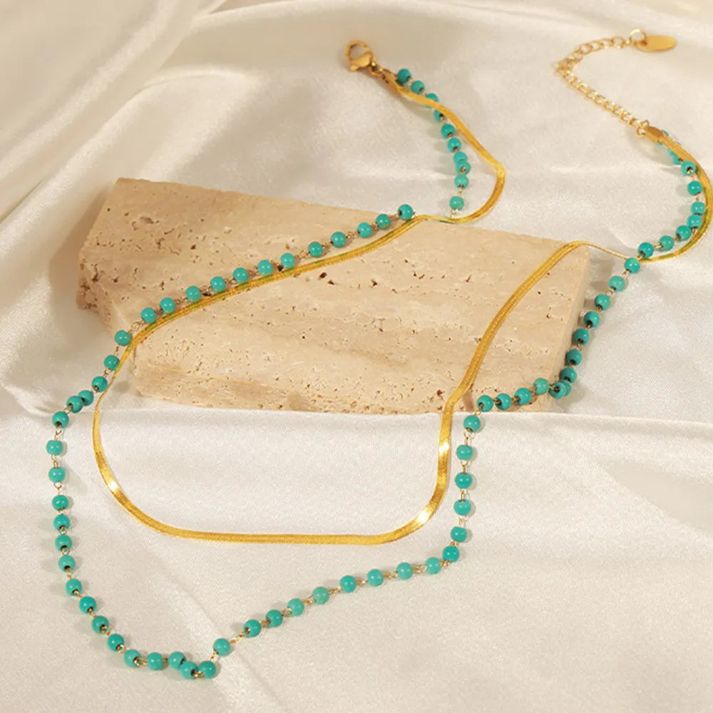 Turquoise Titanium Steel Double-Layered Necklace - alternate necklace view