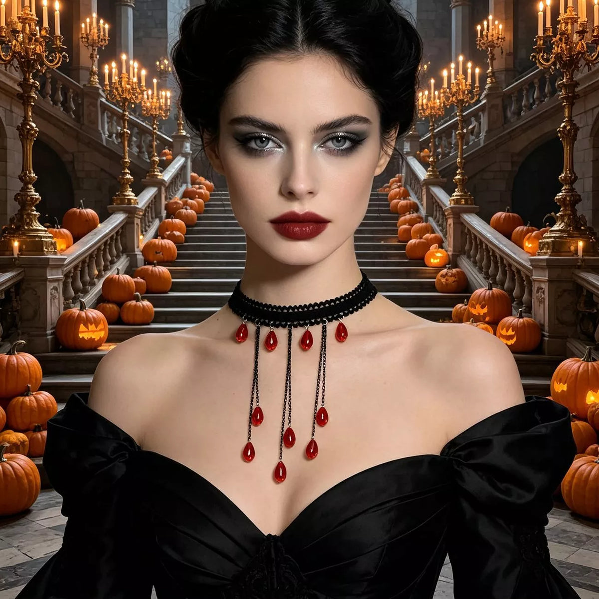 Gothic Lace Choker Necklace with Teardrop Dangle Charms - alternate necklace view
