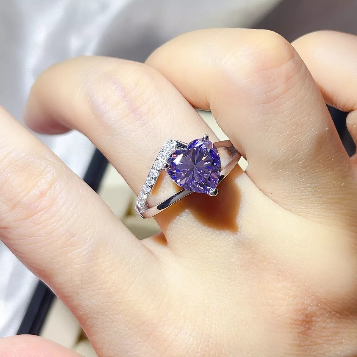3 Carat Sterling Silver Moissanite Ring in Blue Purple - women's ring