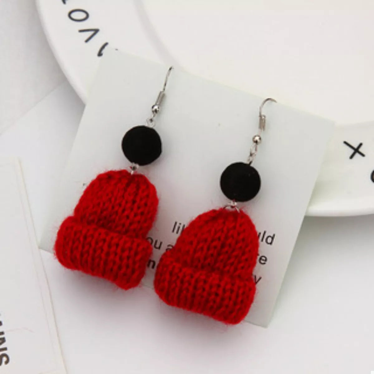 Christmas Knitted Beanie Earrings - alternate earring view