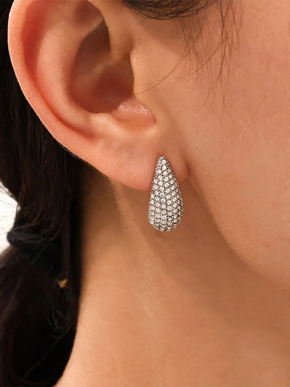 Stainless Steel Inlaid Zircon Teardrop Earrings in Silver - women's drop earrings