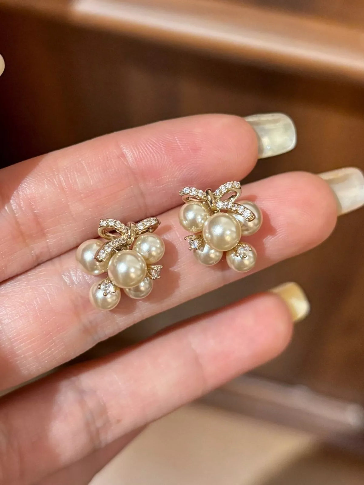 Pearl Cluster Bow Earrings - alternate earring view