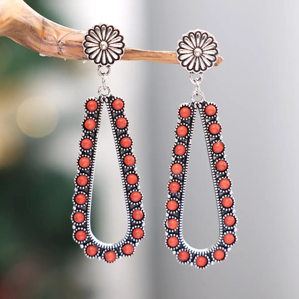 Alloy Beaded Teardrop Earrings in Red - women's drop earrings