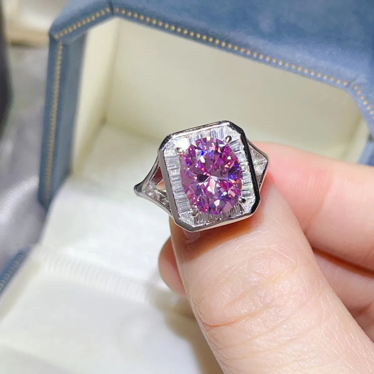 3 Carat Moissanite Square Ring in Pink Purple - women's ring