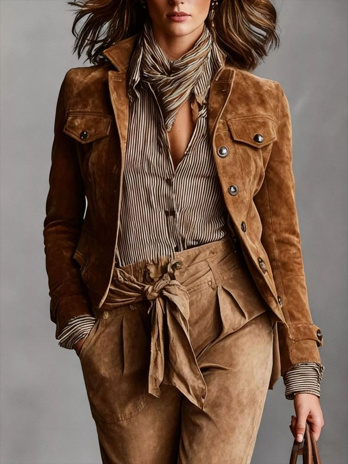 Full Size Suede Utility Blazer with Button-Front Detail Plus Size in Caramel - Blossom's
