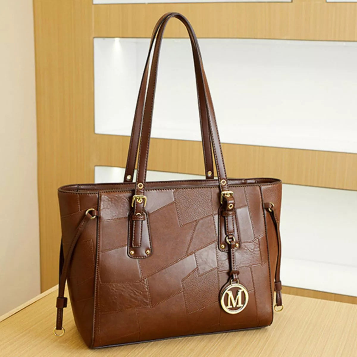 Patchwork Leather Tote Bag with Gold Logo Charm - alternate product view