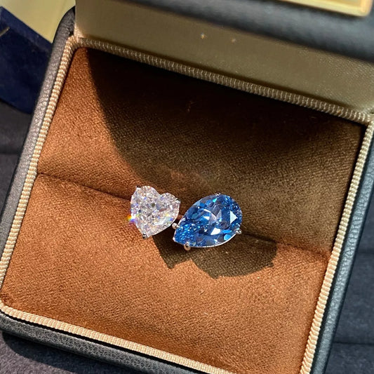 Heart and Teardrop Shaped Dual-Stone Open Ring in Blue - women's open ring