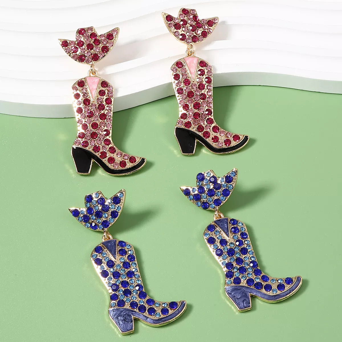 Rhinestone Cowboy Boot Dangle Earrings in Rose Red - women's dangle earrings