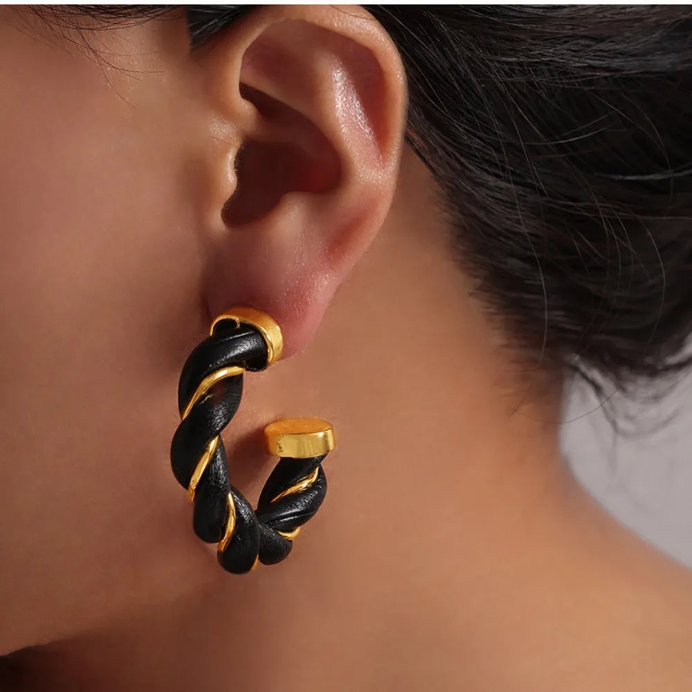 Twisted Leather Rope C-Hoop Earrings - alternate earring view