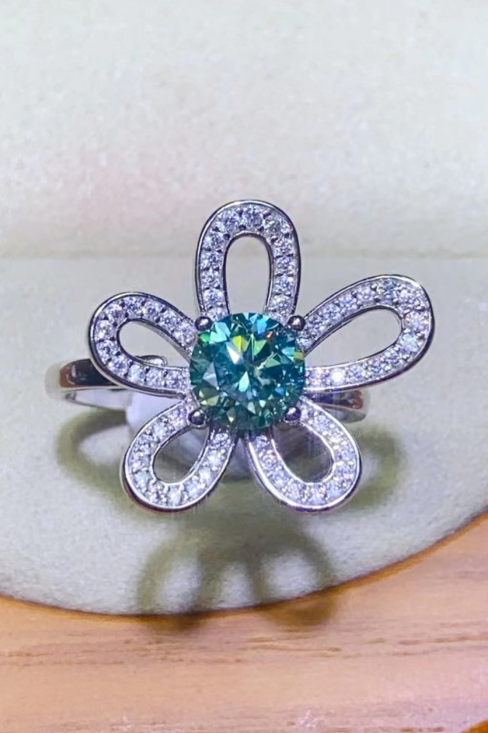 1 Carat Moissanite Flower Shape Open Ring in Light Green - women's open ring