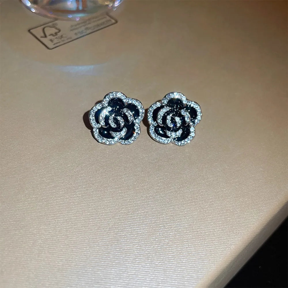 Copper Rhinestone Flower Earrings in Black - women's earrings