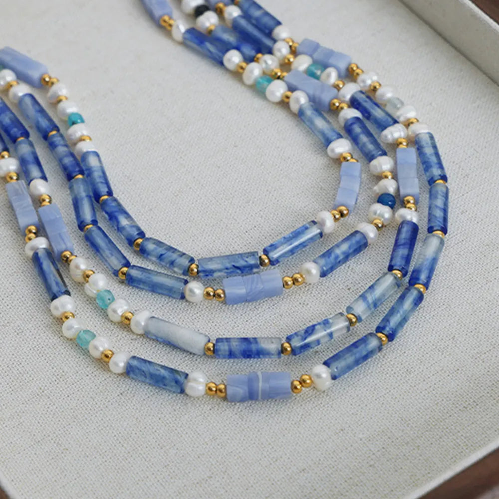 Freshwater Pearl Titanium Steel Geometric Bead Necklace - alternate necklace view