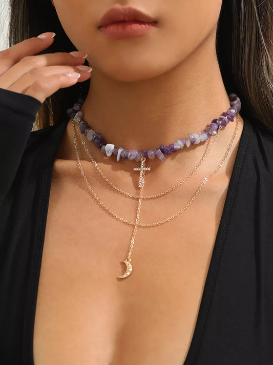 Layered Cross and Moon Pendant Necklace in Lavender - women's pendant necklace
