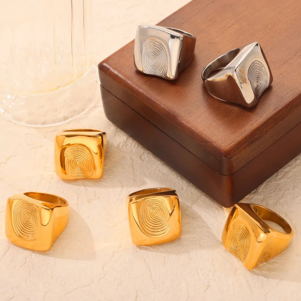 Titanium Steel Fingerprint Signet Ring in Gold - women's signet ring
