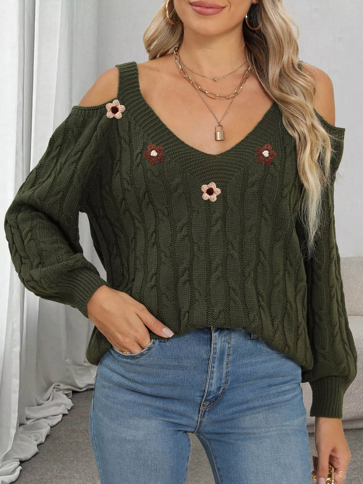 Floral Applique Cold Shoulder Cable-Knit Sweater in Military Green - women's sweater