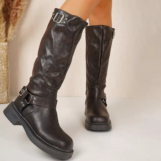 Round-Toe Block-Heel Boots in Dark Gray - women's boots