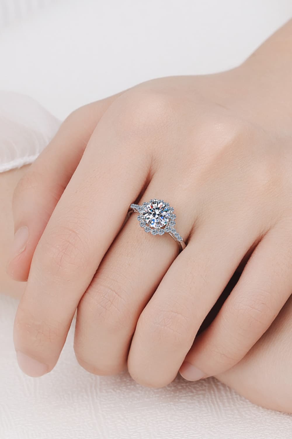 1 Carat Moissanite Rhodium-Plated Halo Ring in Silver - women's halo ring