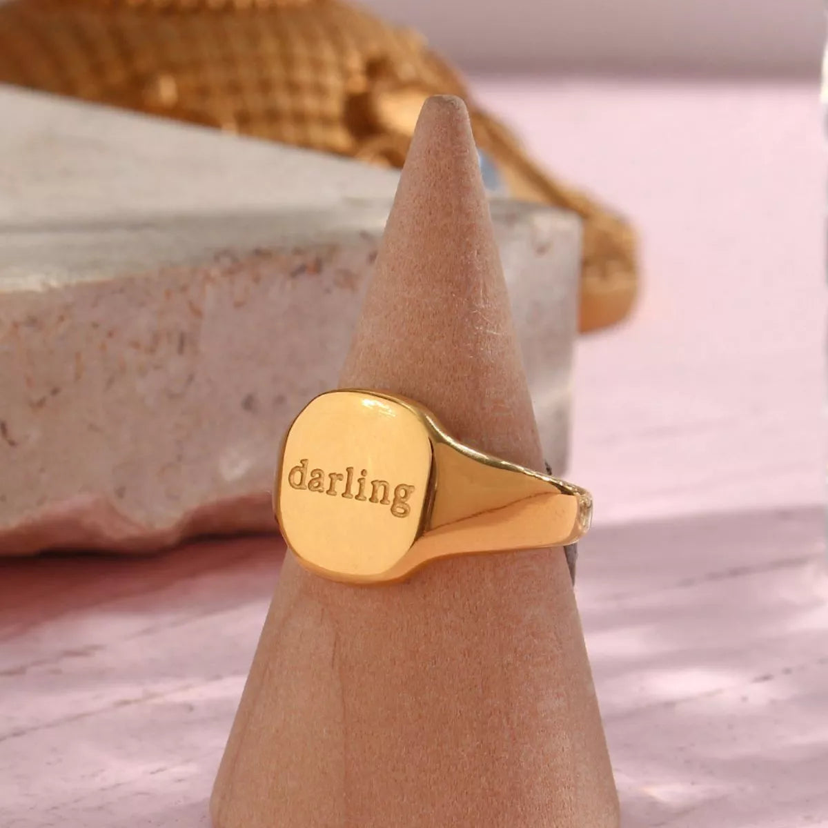 18K Gold-Plated Letter Signet Ring in Style A - women's signet ring
