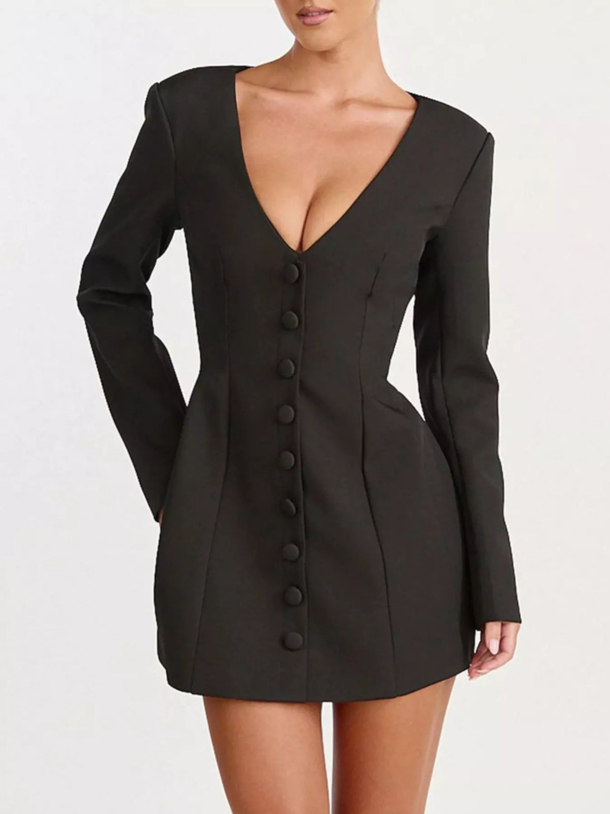 Deep V-Neck Button-Down Blazer Dress in Black - Blossom's