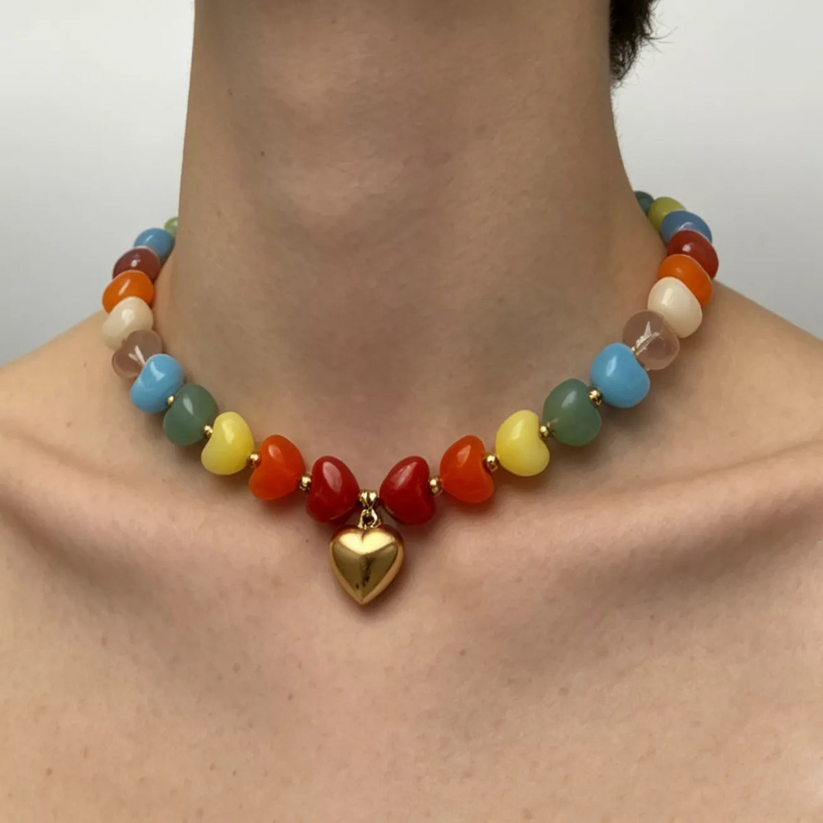Colorful Heart Pendant Beaded Collarbone Necklace - alternate necklace view