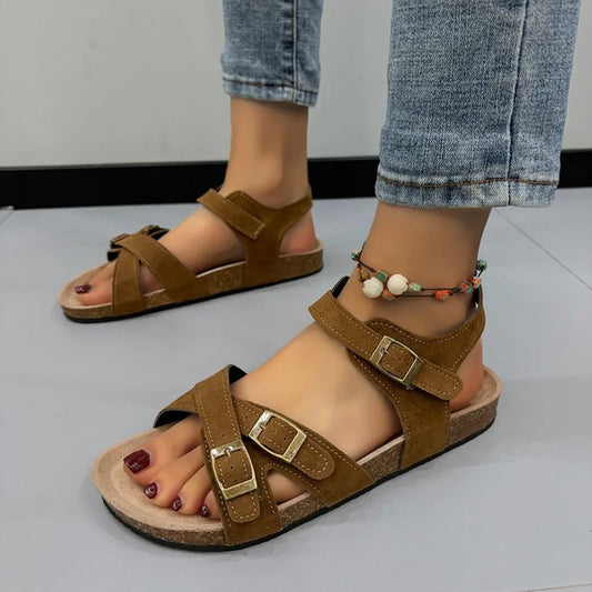 Open-Toe Flat Buckle Sandals in Black - women's flat sandals