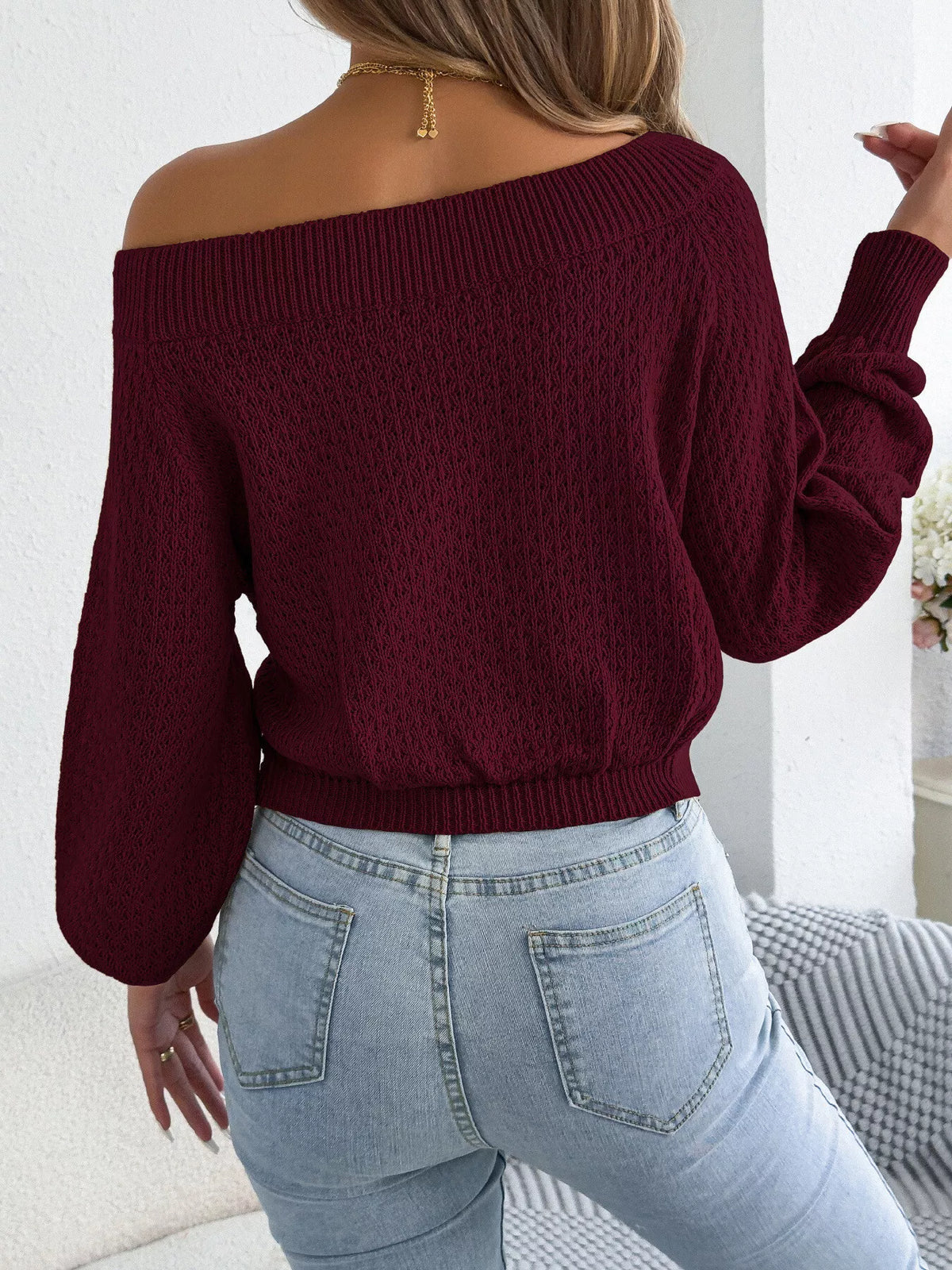 Off-Shoulder Twist Front Textured Knit Top in Orange - women's knit top