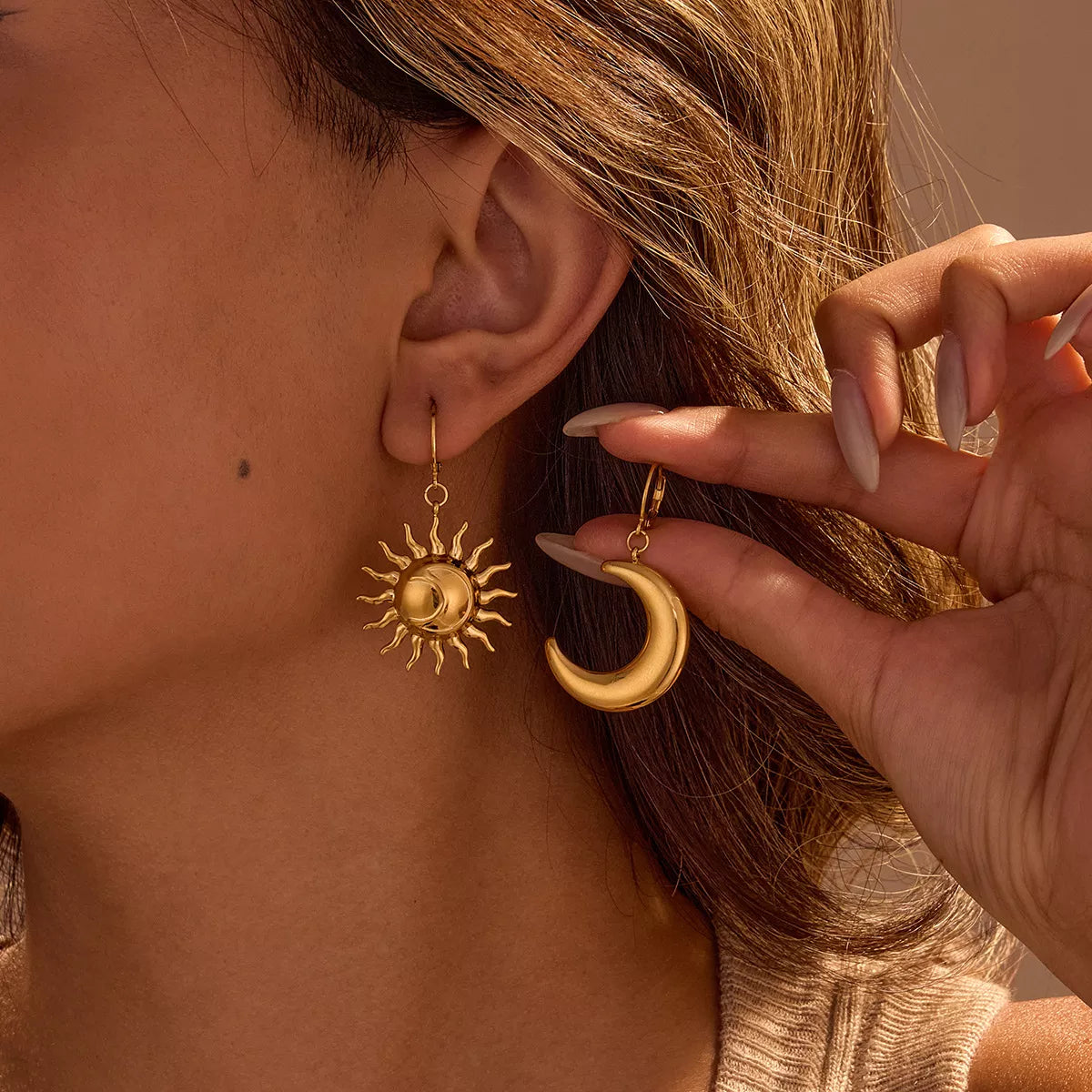 18K Gold-Plated Asymmetrical Sun & Moon Earrings in Gold - women's earrings