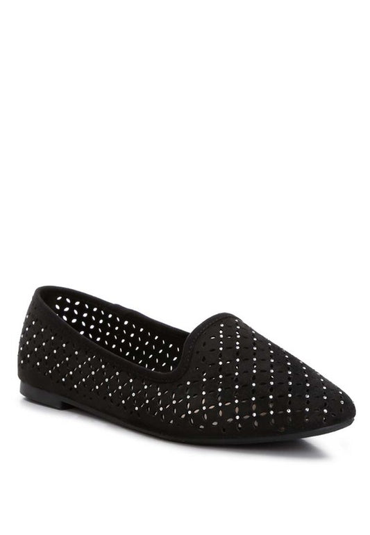 Chic Perforated Ballerinas with a micro suede upper, closed almond toe, and flat heels. The design includes rhinestone embellishments for added elegance, lightweight cushion insoles, and a TPR outer sole for all-day comfort. Free shipping on all orders. Shop now!