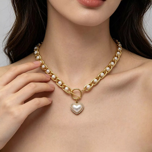 Chunky Pearl and Heart Pendant Necklace in Gold - women's pendant necklace