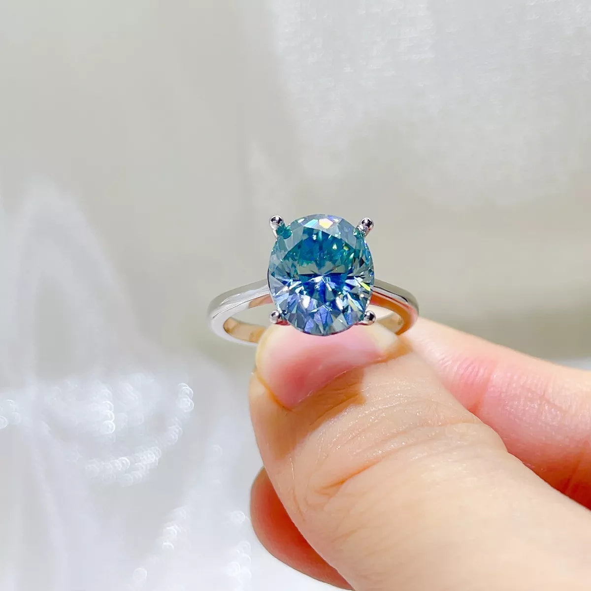 5 Carat Sterling Silver Moissanite Ring in Pastel Blue - women's ring