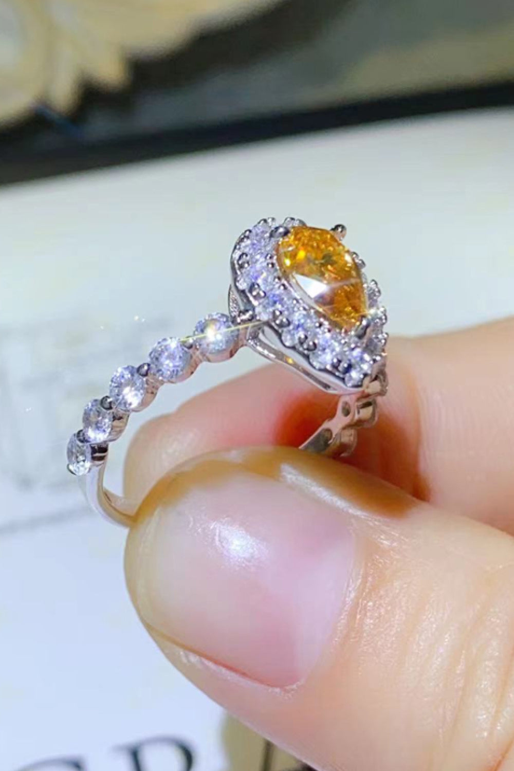 1 Carat Moissanite Contrast Teardrop Ring in Gold - women's ring