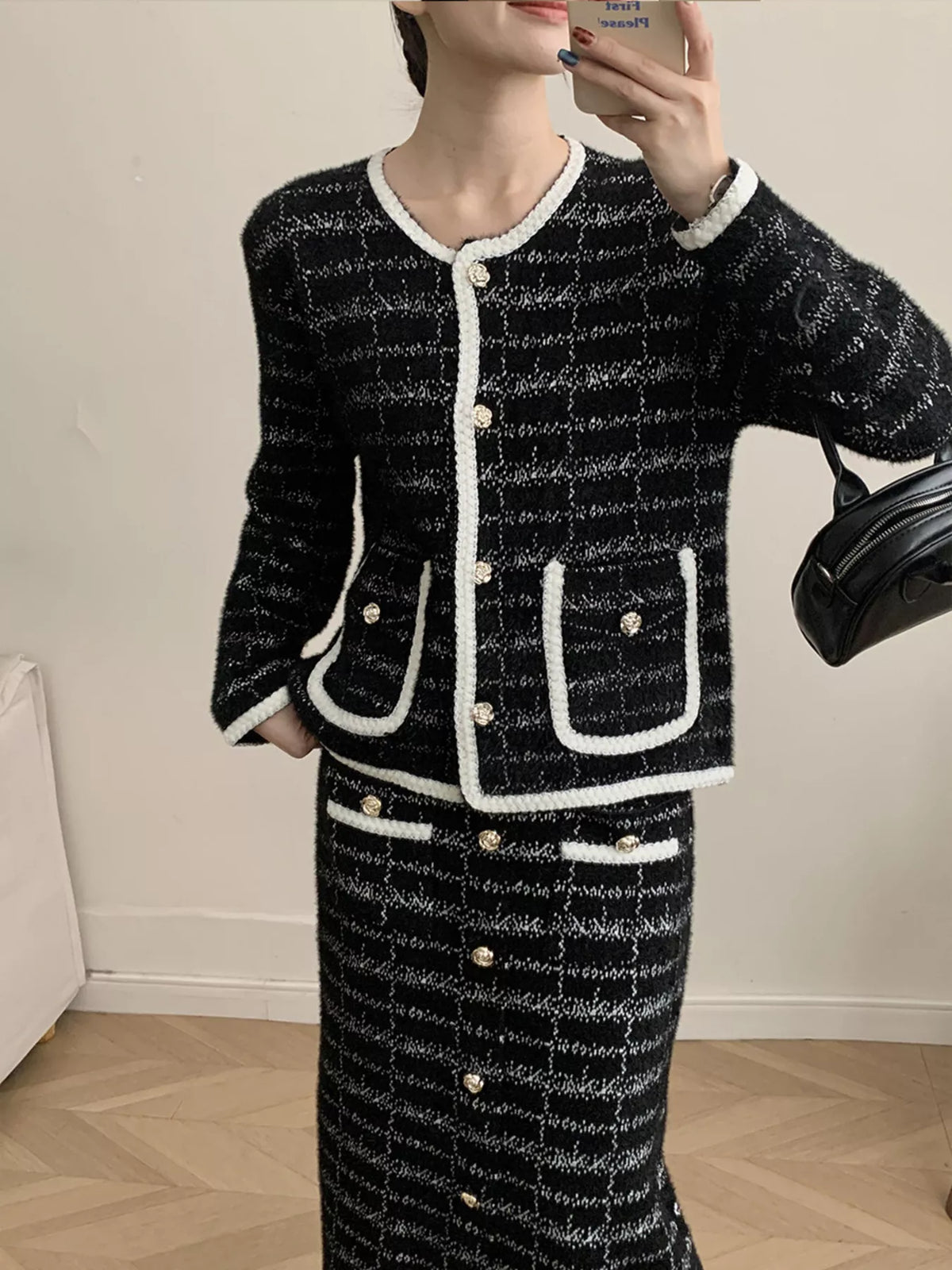 Tweed Contrast Trim Jacket and Skirt Set - alternate view