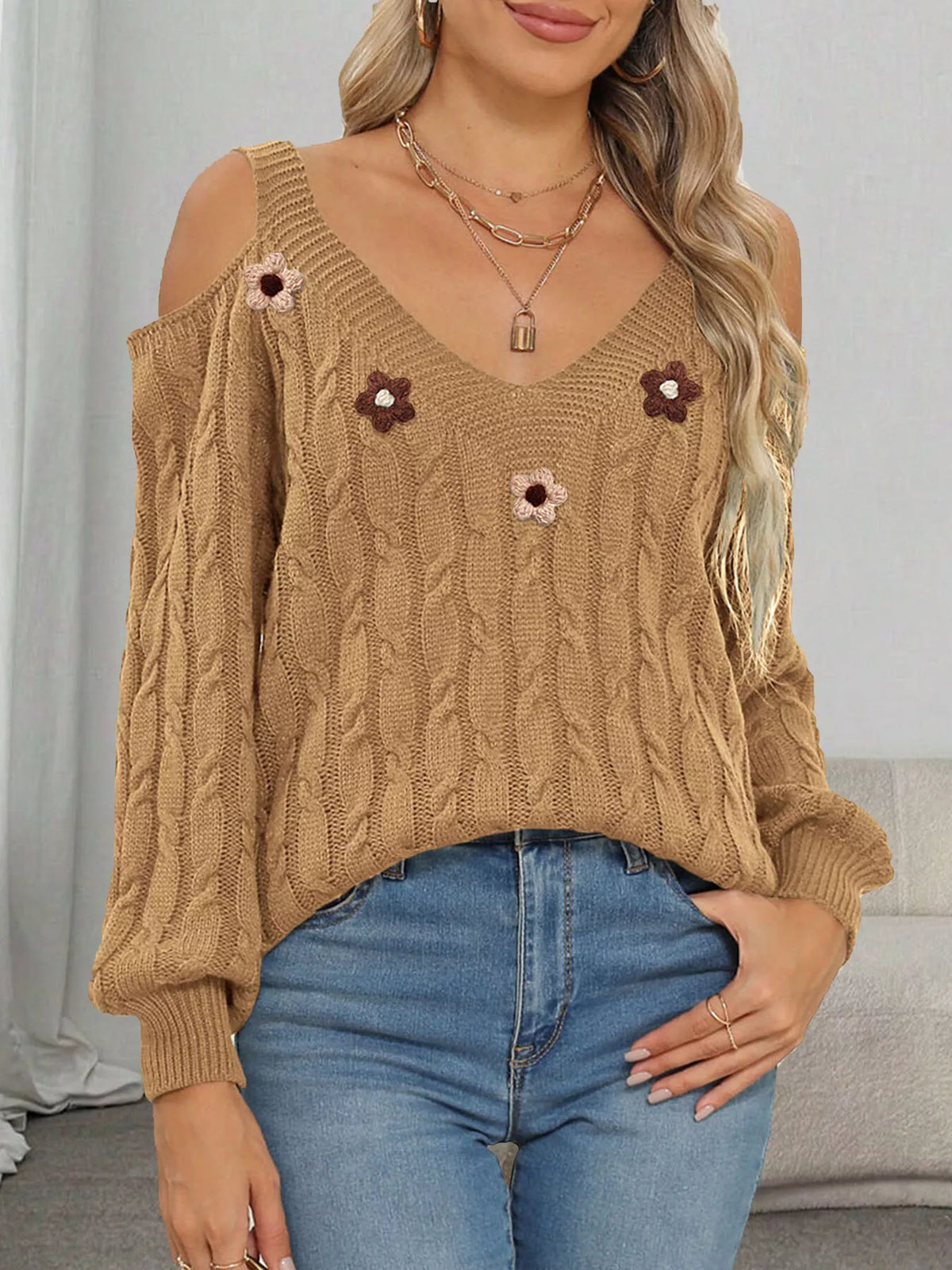 Floral Applique Cold Shoulder Cable-Knit Sweater in Camel Color - women's sweater
