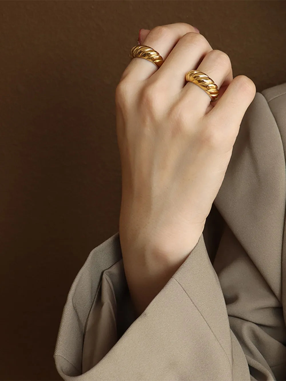 Ribbed Titanium Steel Ring in Gold - women's ring