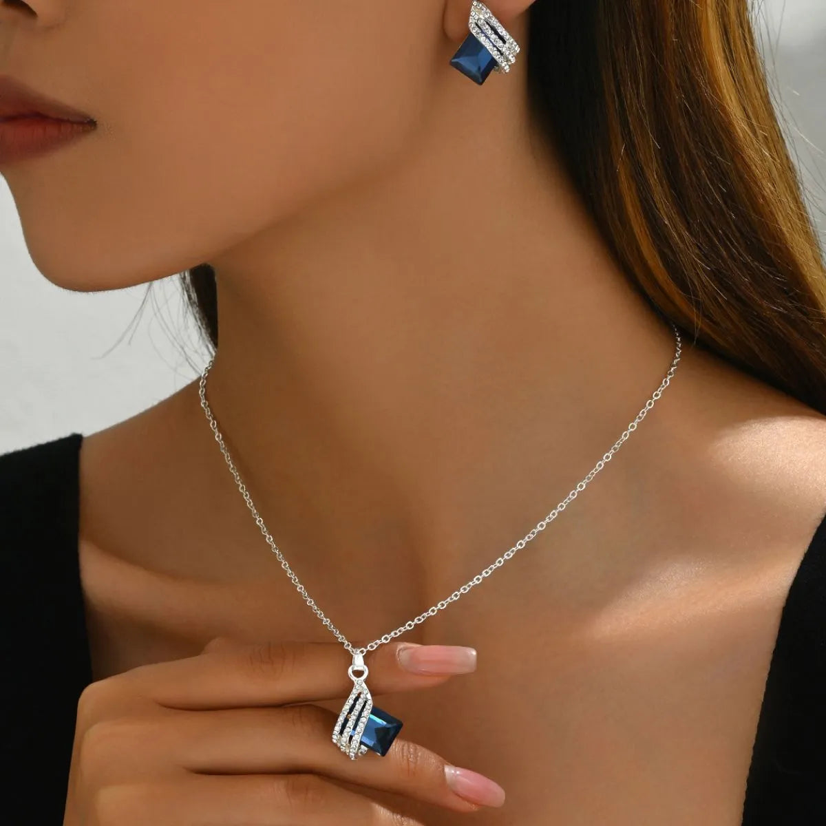 Stainless Steel Crystal Geometric Earrings and Necklace Set in Silver - women's necklace