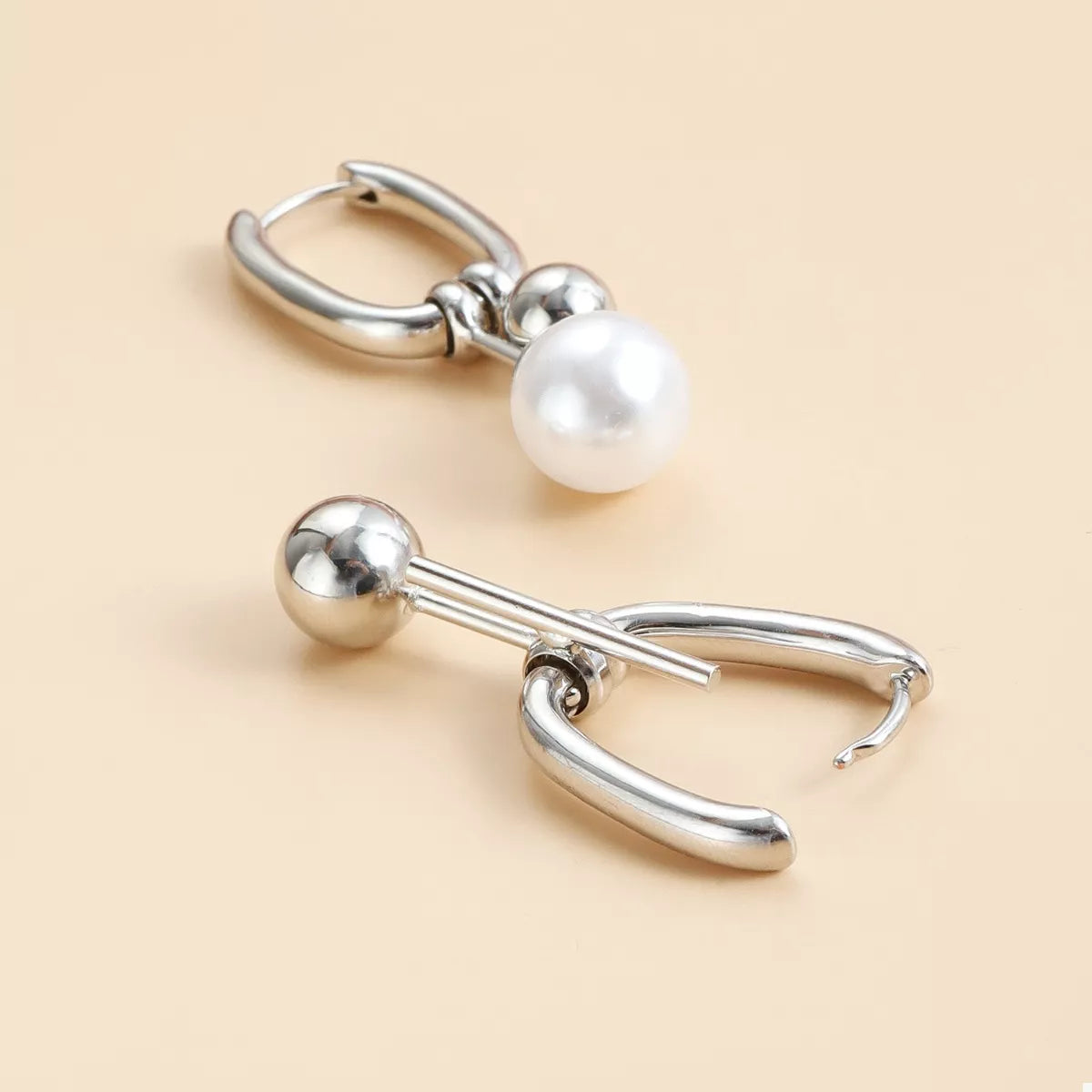 Asymmetrical Pearl Drop Hoop Earrings - alternate earring view